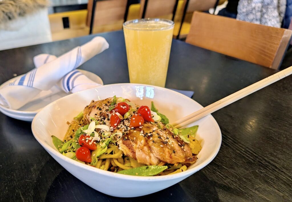 Chicken Lo Mein with IPA in background