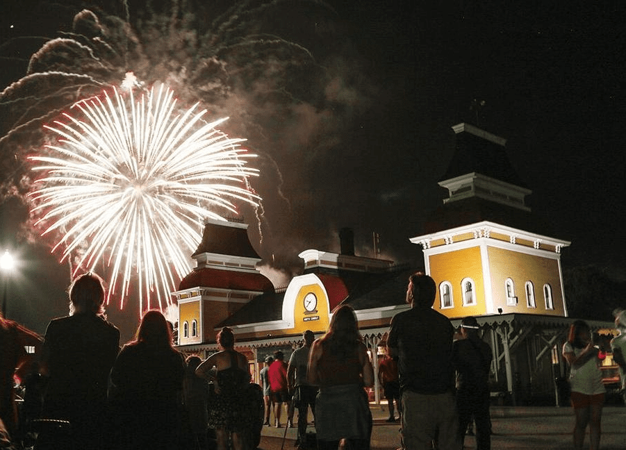 downtown train station with fireworks